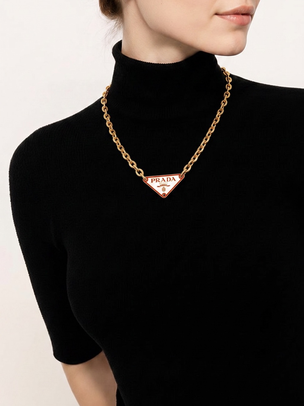 Prada Gold Chain Necklace with Red and White Triangle Logo